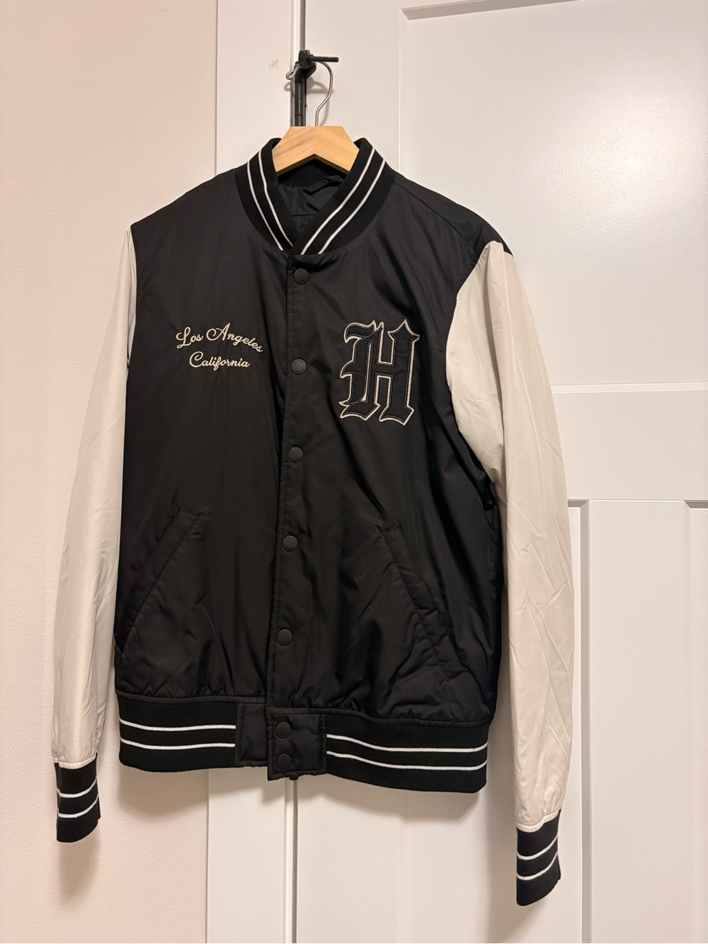 Black and White Varsity Jacket with Script Embroidery